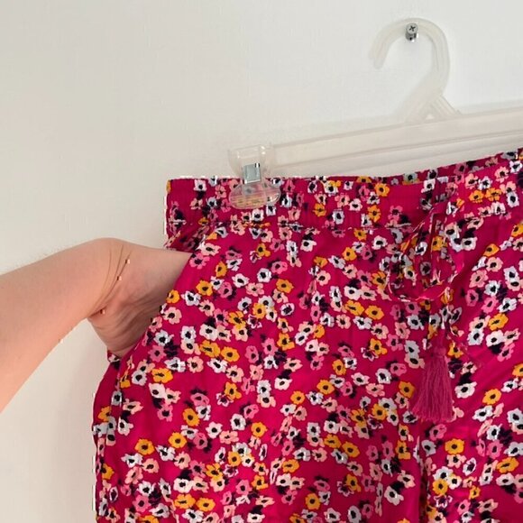 A.N.A Magenta Pink Blue Mustard Floral Pull On Drawstring Pom Pom Trim Shorts L - Picture 7 of 11